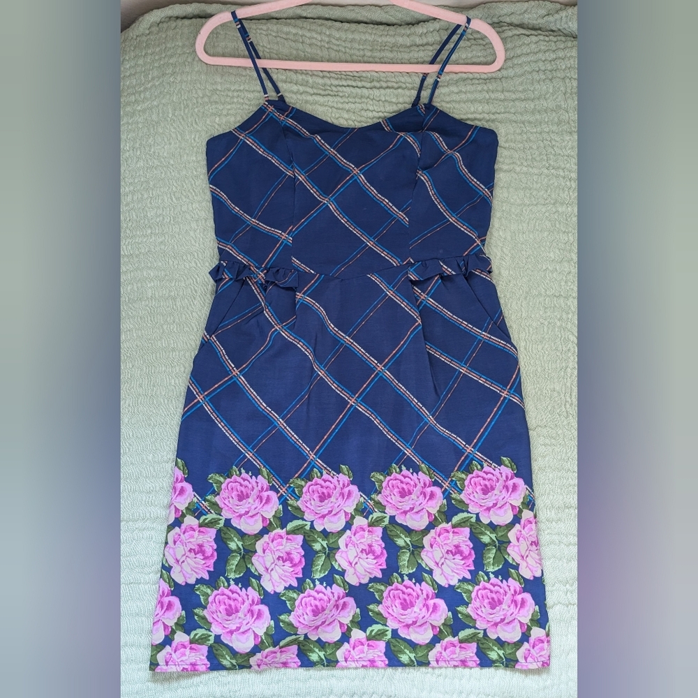 Blue and Pink Flower and Plaid-pattern Mini Dress with Pockets - M